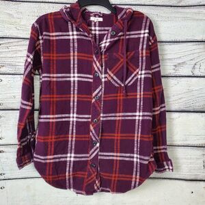 Maurices Women’s Plaid Button Down Hooded Shirt Purple Size XS